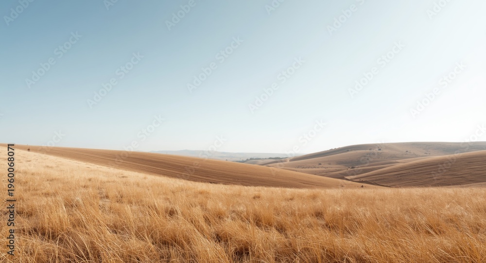 Fototapeta premium Quiet minimalist view of rolling stubble-covered hills below a clear bright sky