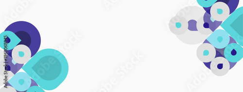 Abstract shapes, circles, overlapping forms. Blue, purple hues dominate white background. Minimalist design, modern aesthetic. Clean composition.