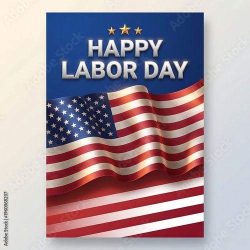 Happy Labor Day greeting card with waving American flag and stars