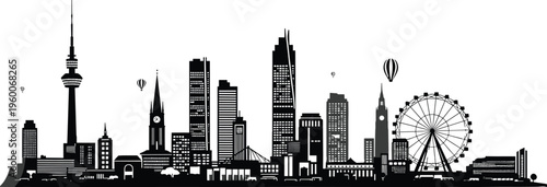 Black and white city skyline with ferris wheel and hot air balloons silhouette