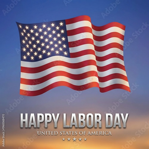 Happy Labor Day USA greeting card with waving American flag and stars