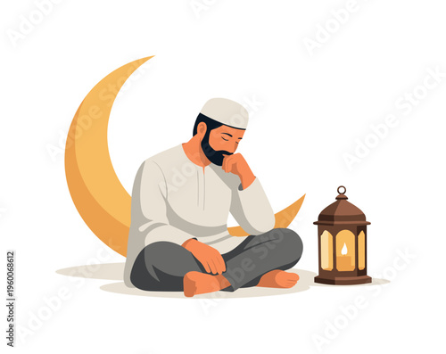 Ramadan spiritual reflection and daily routine scene showing a person observing fasting and engaging in quiet contemplation during the holy month, with a character sitting beside a
