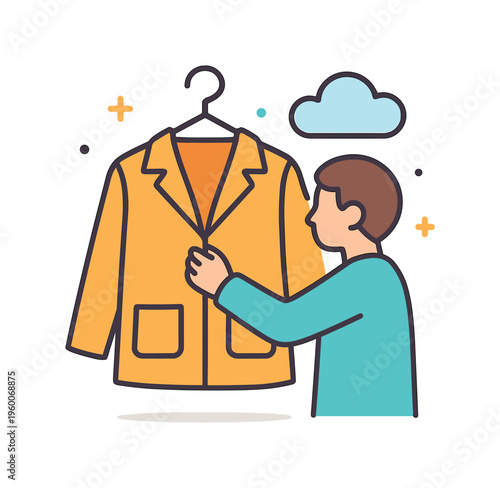 Putting on a jacket before going outside as part of a daily routine focused on adapting to weather conditions and preparing for outdoor activities, a simple coat on a hanger with a