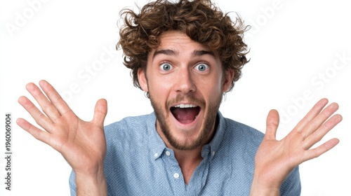 Excited young caucasian male with curly hair expressing surprise