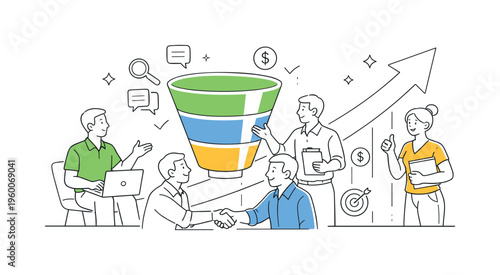 A sales pipeline management and deal tracking scene showing a revenue team reviewing prospects and advancing opportunities together around a large funnel and a simple upward arrow