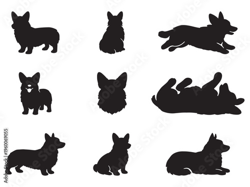 Corgi dog silhouette collection, set of 9 black vector pet icons. Pembroke Welsh Corgi in various poses including running, sitting, and lying down.