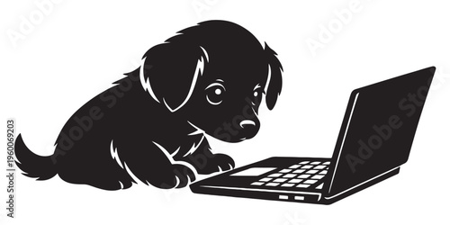 Black puppy silhouette using laptop computer, cute dog working on notebook vector, pet animal browsing internet on white background