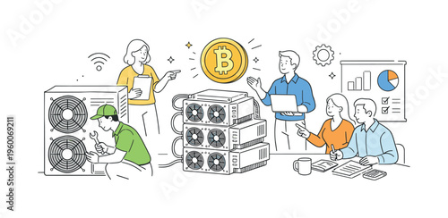 A fintech operations scene focused on cryptocurrency mining as a modern business workflow, with several professionals coordinating hardware maintenance, digital processing, and