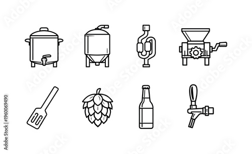 Brewing beer process: brewing kettle, fermentation tank, airlock valve, grain mill, mash paddle, hop cone, beer bottle, tap handle