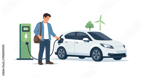 Sustainable transportation scene showing a person using an electric car for daily commuting to reduce environmental impact and embrace clean mobility, with a character interacting