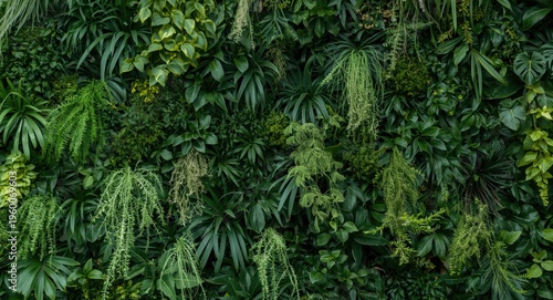 Natural vertical garden wall with abundant green foliage for design backdrops