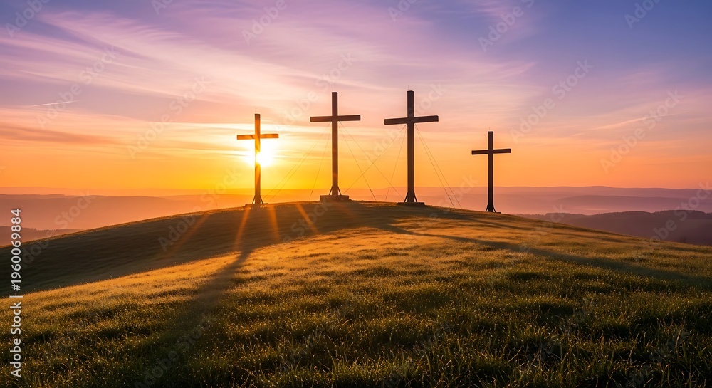 Obraz premium Four crosses on a hill at sunset with a blurred background