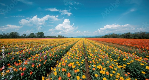 Expansive colorful flower field including text overlay section