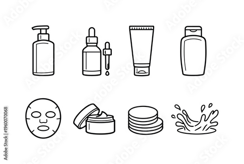 Skincare routine: face cleanser bottle, serum dropper, moisturizer tube, sunscreen bottle, facial mask, eye cream jar, cotton pads, water splash