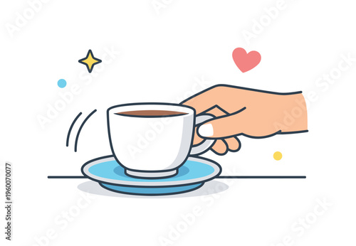 Setting a cup down on a table after taking a sip as part of a small everyday moment focused on simple routines and mindful pauses, a cup with a small saucer and a gentle motion