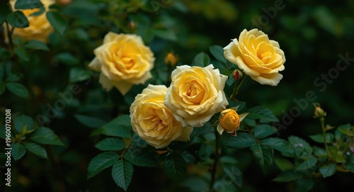 Golden yellow rose blooms embraced by lush green foliage