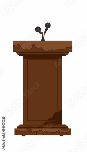 Illustration of a Wooden Podium with Dual Microphones Set Against a Plain Background for Speeches or Presentations