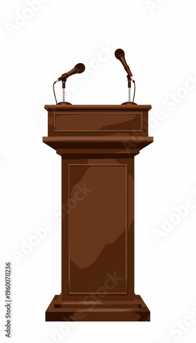 Elegant Wooden Podium with Dual Microphones Ready for Speech or Presentation in Professional Setting