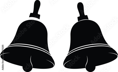 Black and white of two bells with handles bell handles white background
