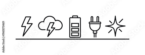 Lightning bolts and energy power concept focused on electricity, sudden impact, and high-voltage activity in natural and technological environments, lightning bolt, cloud, battery