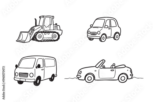 Simple line drawing shows four vehicles. Each vehicle is drawn in a cartoon style. Bulldozer, car, van, and convertible are shown