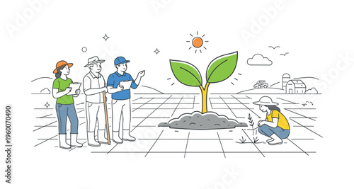 Farm workers observing crop growth and field conditions during a calm day in a cultivated landscape, illustrated through a large field grid combined with a small sprouting plant as