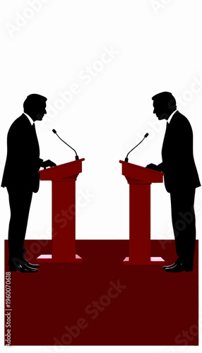 Silhouetted Figures Engaging in a Formal Debate at Podiums with Microphones Against a Simple White Background