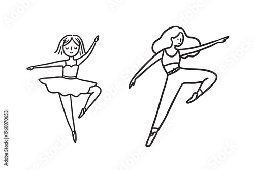 Two ballet dancers in dynamic poses. Simple line drawings. One wears a tutu, the other in leggings. Both dance with expressive arms and legs