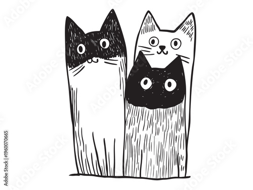Three cartoon cats stand together in a simple sketch style. One black and white, one white with black face, one small black cat