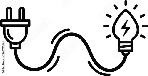 Black line of electrical cord with plug and glowing lightbulb electricity energy