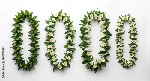Isolated white background presentation of six distinct Maile style Ti Leaf Lei floral arrangements suitable for graduations and wedding events