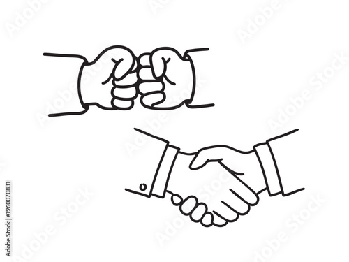 Two hands form a fist bump above a handshake. Sleeves suggest formal attire. Gesture implies agreement or greeting