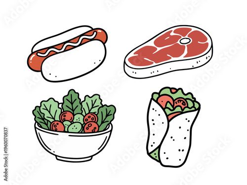 Cartoon-style food illustration with four items. Hot dog in bun, steak, salad, and wrap shown. Simple outline style with minimal coloring