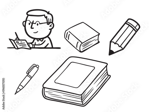 Student reads book with pencil and pen nearby. Books and writing tools surround learning student. Simple sketch shows study and education theme