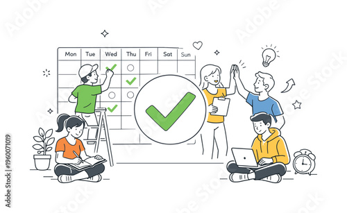 A personal productivity and habit tracking scene showing individuals building daily routines together around a large habit tracker grid and a simple checkmark symbol, using the