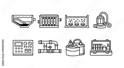 Wastewater treatment system: sedimentation tank, filtration unit, aeration basin, sludge pump, control panel, pipe network, chemical dosing tank, water testing kit