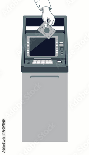 Illustration of a Person Inserting a Cash Bill into an Automated Teller Machine for Banking Transactions and Cash Deposits