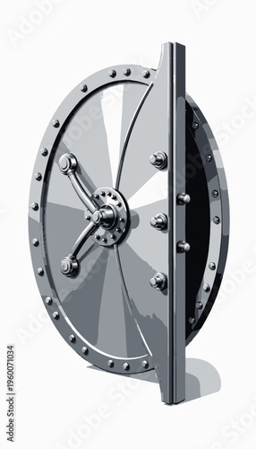 Sturdy Metallic Vault Door with Circular Design Featuring Bolts and Hinges for Enhanced Security and Safeguarding of Valuable Assets