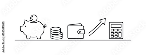 Simple savings habit and everyday money management for building financial stability and improving long term security, piggy bank, coin, wallet, upward arrow, and calculator