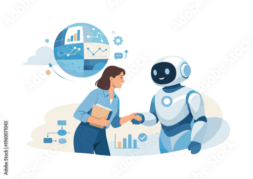 An innovation and artificial intelligence adoption scene showing a curious professional interacting with a friendly abstract robot form and a floating data sphere, representing