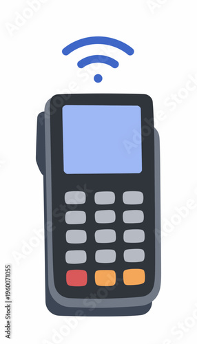 Illustration of a modern wireless payment terminal with contactless technology for seamless card and smartphone transactions in retail environments
