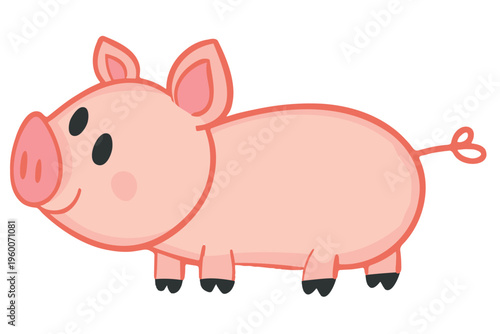 Cute cartoon pig with pink skin and black feet. Simple design with friendly expression and smiling face