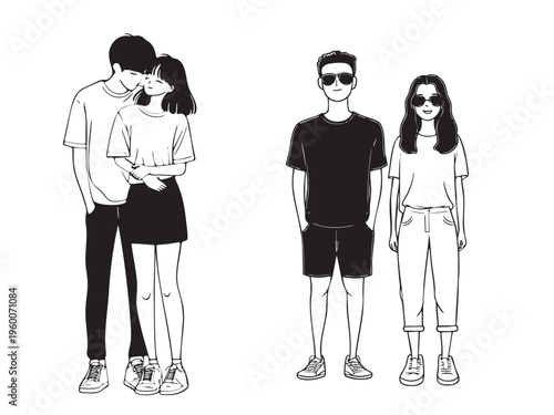 Two couples stand side by side, illustrated in simple black lines. One pair embraces closely, heads tilted toward each other