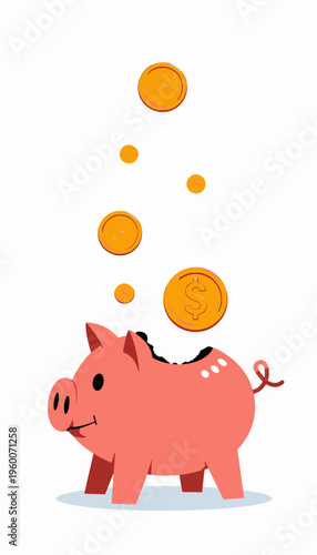 Pink Piggy Bank with Falling Coins Illustrating Savings and Finance Concept on White Background