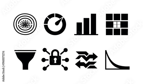 Differential privacy engineering: noise addition ripple dots, privacy budget gauge ring, query sensitivity scale bars, anonymization mask grid tiles, aggregation threshold funnel