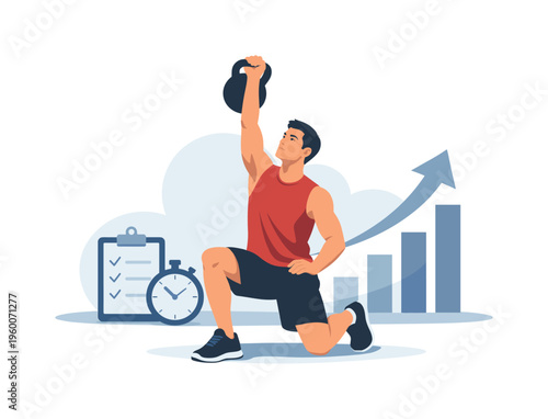 Athletic performance improvement scenario showing a person training with power exercises to increase strength and achieve fitness goals in a structured routine, with a character