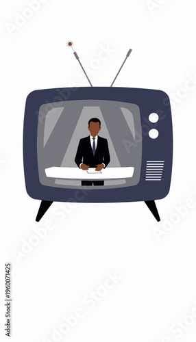 Illustrative depiction of a news anchor delivering a broadcast on a retro television screen with antennas against a minimalist white background