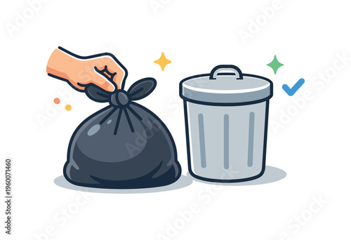 Tying a trash bag before taking it out as part of a regular household routine focused on cleanliness and maintaining an organized living space, a filled bag being tied with a knot
