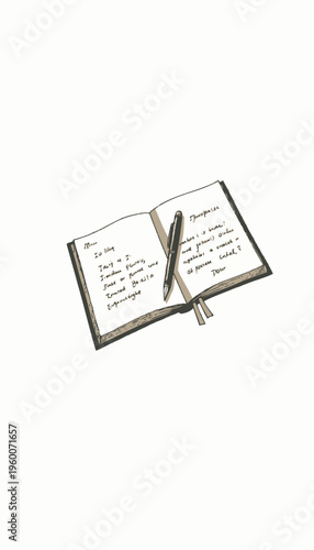 Open Book with Pen Resting on It, Featuring Handwritten Notes on Both Pages in a Minimalist Illustration Style