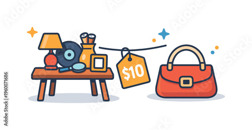 Weekend flea market browsing inspired by cultural traditions of second-hand shopping and discovering unique vintage items, a small table stand paired with a handbag and a simple